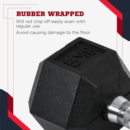 Set of 2 8kg Rubber Hex Dumbbells Non-Rolling Fitness Weights - Black