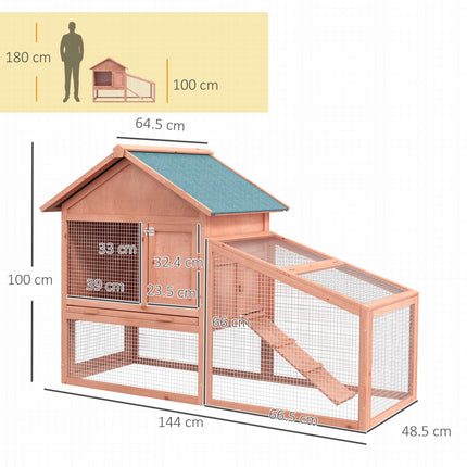 2 Tier Solid Wood Rabbit Cage with Ramp and Sliding Tray 144x64.5x100 cm - Red/Brown