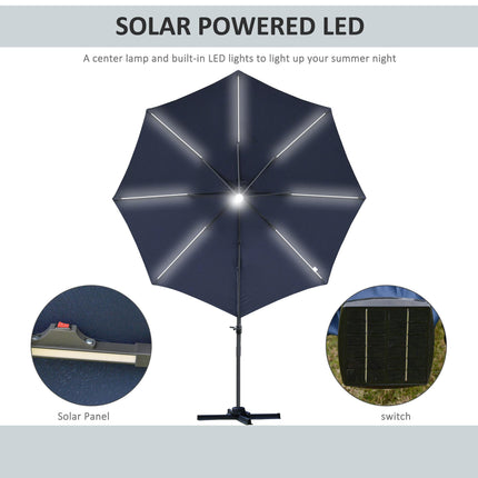 3 Metre Cantilever Parasol with Solar LED Light and Rotating Canopy - Blue
