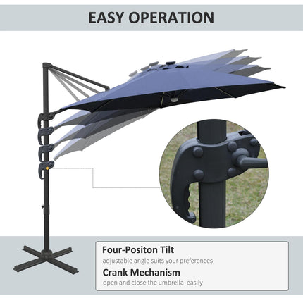 3 Metre Cantilever Parasol with Solar LED Light and Rotating Canopy - Blue