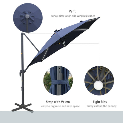 3 Metre Cantilever Parasol with Solar LED Light and Rotating Canopy - Blue