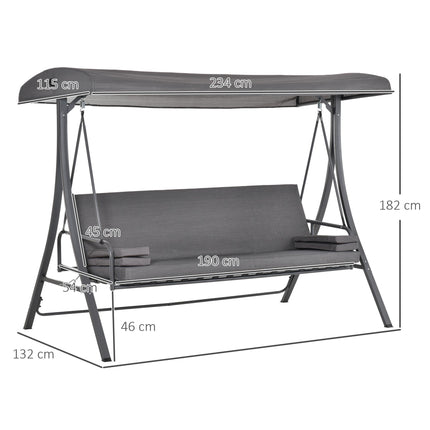 Outdoor 2-in-1 3-Seater Patio Swing Chair Lounger with Adjustable Canopy, Cushion & Pillow - Grey