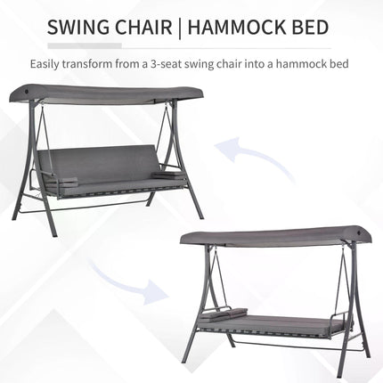 Outdoor 2-in-1 3-Seater Patio Swing Chair Lounger with Adjustable Canopy, Cushion & Pillow - Grey