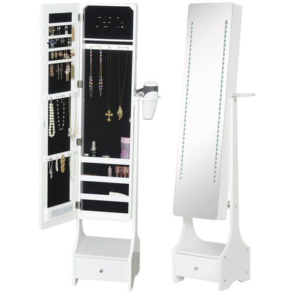 Freestanding Jewellery Cabinet Mirror Armoire with LED Lights, Hooks, Drawer & Hairdryer Holder - White