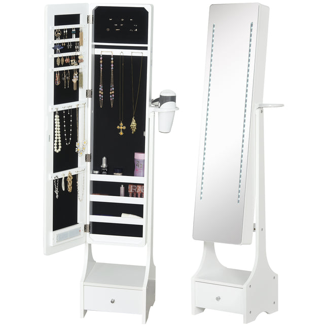 Freestanding Jewellery Cabinet Mirror Armoire with LED Lights, Hooks, Drawer & Hairdryer Holder - White