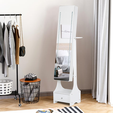 Freestanding Jewellery Cabinet Mirror Armoire with LED Lights, Hooks, Drawer & Hairdryer Holder - White