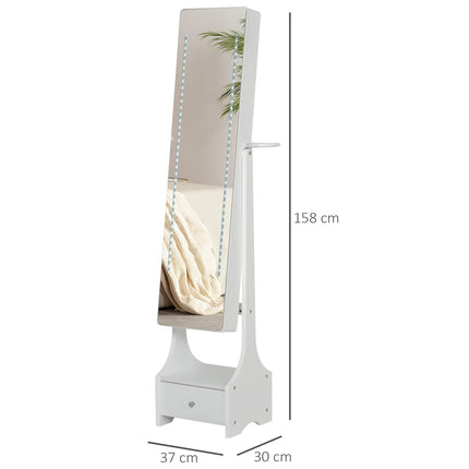Freestanding Jewellery Cabinet Mirror Armoire with LED Lights, Hooks, Drawer & Hairdryer Holder - White