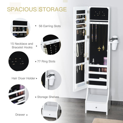 Freestanding Jewellery Cabinet Mirror Armoire with LED Lights, Hooks, Drawer & Hairdryer Holder - White