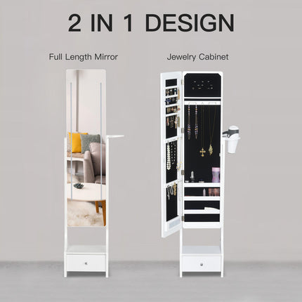 Freestanding Jewellery Cabinet Mirror Armoire with LED Lights, Hooks, Drawer & Hairdryer Holder - White