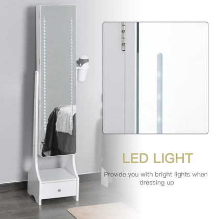 Freestanding Jewellery Cabinet Mirror Armoire with LED Lights, Hooks, Drawer & Hairdryer Holder - White