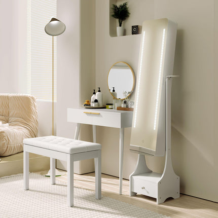 Freestanding Jewellery Cabinet Mirror Armoire with LED Lights, Hooks, Drawer & Hairdryer Holder - White