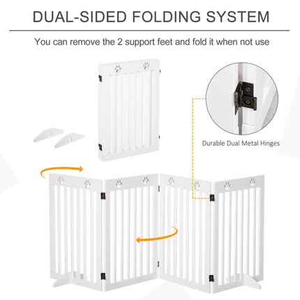 4-Panel Foldable Wooden Pet Gate with Support Feet for Doorways & Stairs 80" x 30" - White