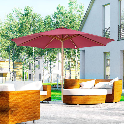 3 Metre Bamboo Wooden Patio Umbrella with Vented Canopy - Wine Red