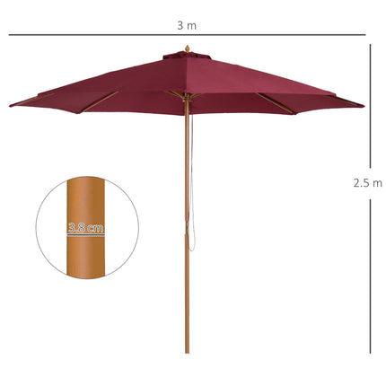 3 Metre Bamboo Wooden Patio Umbrella with Vented Canopy - Wine Red
