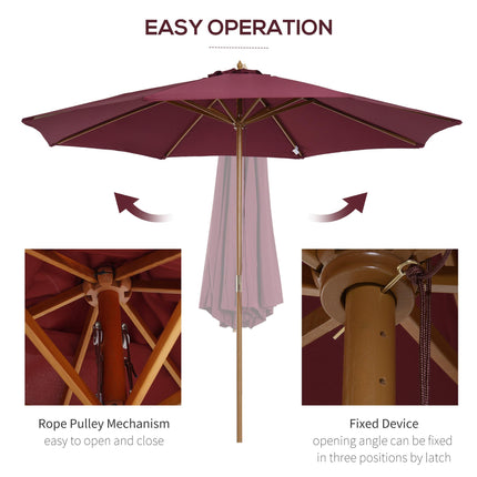 3 Metre Bamboo Wooden Patio Umbrella with Vented Canopy - Wine Red