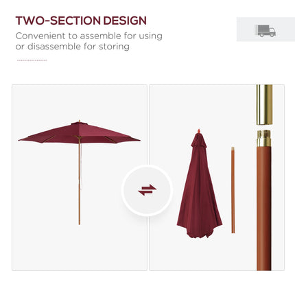 3 Metre Bamboo Wooden Patio Umbrella with Vented Canopy - Wine Red