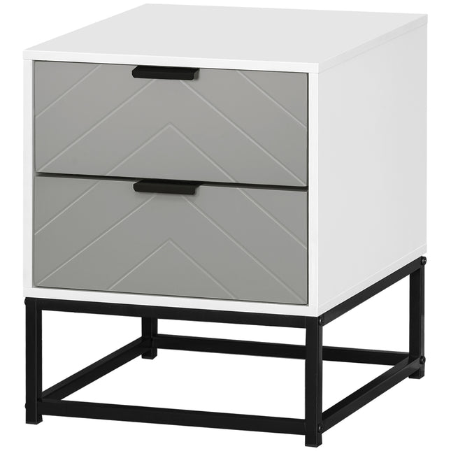 Chevron Pattern 2 Drawer Bedside Cabinet with Storage - Grey and White