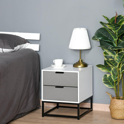 Chevron Pattern 2 Drawer Bedside Cabinet with Storage - Grey and White