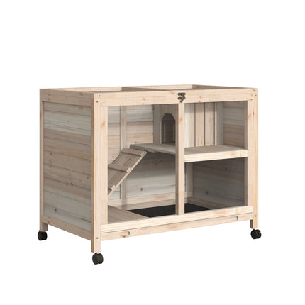 Wooden Rabbit Hutch Small Animal Cage with Pull-Out Tray, Openable Roof & Wheels 91.5x53.3x73 cm - Natural Wood
