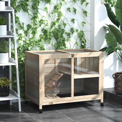Wooden Rabbit Hutch Small Animal Cage with Pull-Out Tray, Openable Roof & Wheels 91.5x53.3x73 cm - Natural Wood