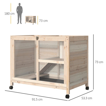 Wooden Rabbit Hutch Small Animal Cage with Pull-Out Tray, Openable Roof & Wheels 91.5x53.3x73 cm - Natural Wood