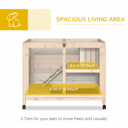 Wooden Rabbit Hutch Small Animal Cage with Pull-Out Tray, Openable Roof & Wheels 91.5x53.3x73 cm - Natural Wood