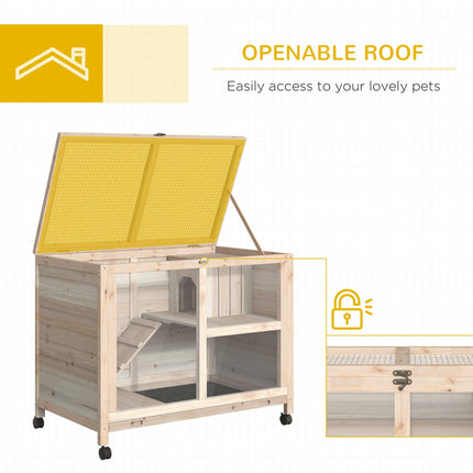 Wooden Rabbit Hutch Small Animal Cage with Pull-Out Tray, Openable Roof & Wheels 91.5x53.3x73 cm - Natural Wood
