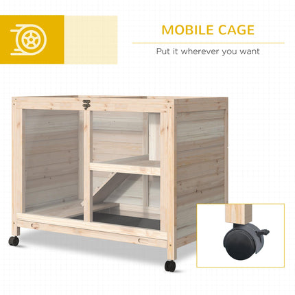 Wooden Rabbit Hutch Small Animal Cage with Pull-Out Tray, Openable Roof & Wheels 91.5x53.3x73 cm - Natural Wood