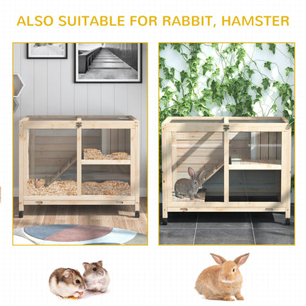 Wooden Rabbit Hutch Small Animal Cage with Pull-Out Tray, Openable Roof & Wheels 91.5x53.3x73 cm - Natural Wood