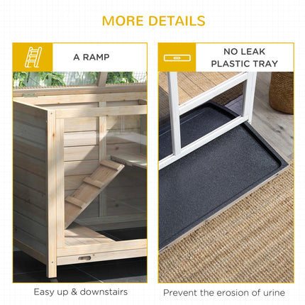 Wooden Rabbit Hutch Small Animal Cage with Pull-Out Tray, Openable Roof & Wheels 91.5x53.3x73 cm - Natural Wood