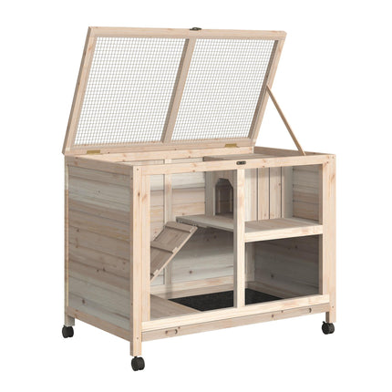 Wooden Rabbit Hutch Small Animal Cage with Pull-Out Tray, Openable Roof & Wheels 91.5x53.3x73 cm - Natural Wood