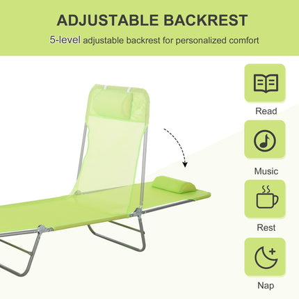 Adjustable Folding Sun Lounger Chair with Pillow for Garden and Pool - Green