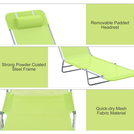 Adjustable Folding Sun Lounger Chair with Pillow for Garden and Pool - Green