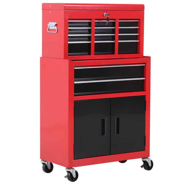Metal Tool Chest Cabinet with 6 Drawers, Pegboard & Roller Combo 61.6x33x108cm - Red