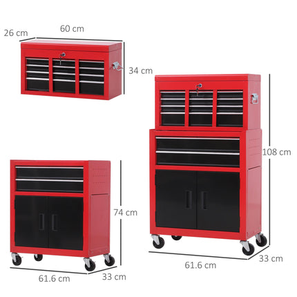 Metal Tool Chest Cabinet with 6 Drawers, Pegboard & Roller Combo 61.6x33x108cm - Red