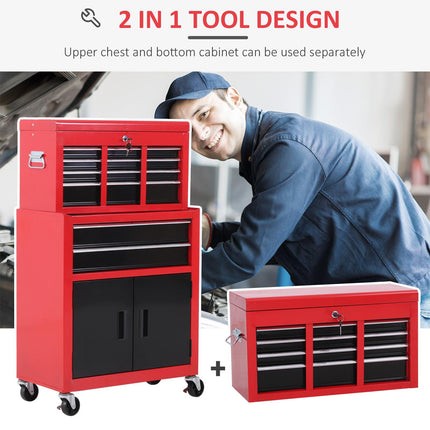 Metal Tool Chest Cabinet with 6 Drawers, Pegboard & Roller Combo 61.6x33x108cm - Red