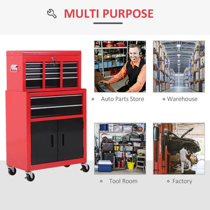 Metal Tool Chest Cabinet with 6 Drawers, Pegboard & Roller Combo 61.6x33x108cm - Red