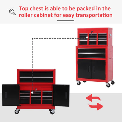 Metal Tool Chest Cabinet with 6 Drawers, Pegboard & Roller Combo 61.6x33x108cm - Red