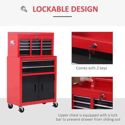 Metal Tool Chest Cabinet with 6 Drawers, Pegboard & Roller Combo 61.6x33x108cm - Red