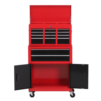Metal Tool Chest Cabinet with 6 Drawers, Pegboard & Roller Combo 61.6x33x108cm - Red