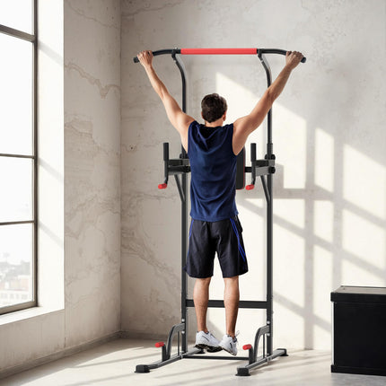Power Tower Station with Dip Stand and Pull Up Bar for Home Gym Training - Black and Red