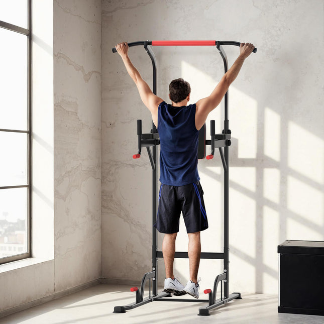 Power Tower Station with Dip Stand and Pull Up Bar for Home Gym Training - Black and Red