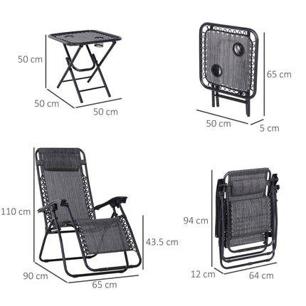 3 Piece Folding Zero Gravity Chair Set with Side Table and Cup Holders - Light Grey