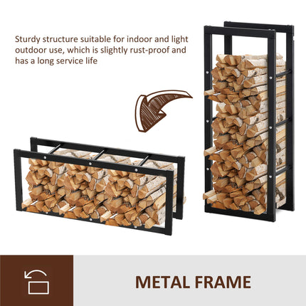 Tall Metal Firewood Log Holder Rack with Side Rails 40W x 25D x 100H cm - Black
