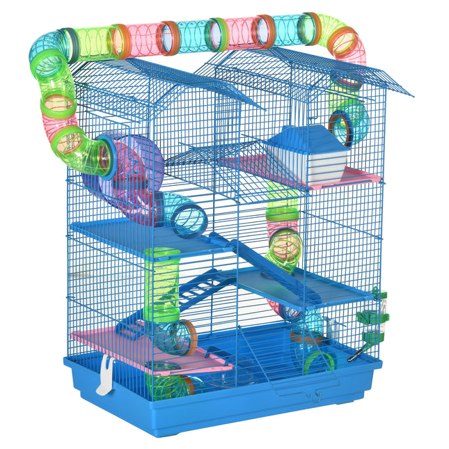 5 Tier Hamster Cage Carrier Habitat with Exercise Wheels, Tunnel, Water Bottle & Accessories - Blue