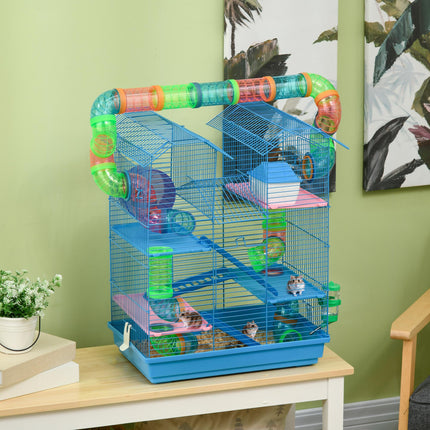 5 Tier Hamster Cage Carrier Habitat with Exercise Wheels, Tunnel, Water Bottle & Accessories - Blue