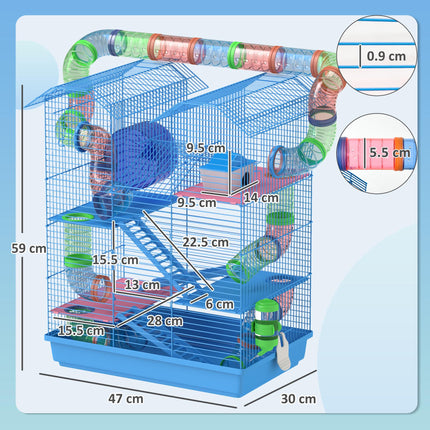 5 Tier Hamster Cage Carrier Habitat with Exercise Wheels, Tunnel, Water Bottle & Accessories - Blue