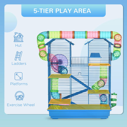 5 Tier Hamster Cage Carrier Habitat with Exercise Wheels, Tunnel, Water Bottle & Accessories - Blue