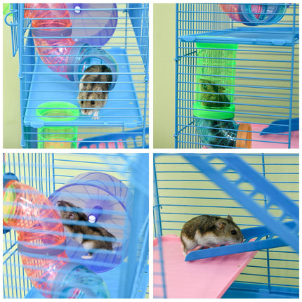 5 Tier Hamster Cage Carrier Habitat with Exercise Wheels, Tunnel, Water Bottle & Accessories - Blue
