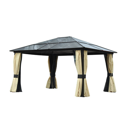 4 x 3.6m Hardtop Gazebo Canopy Set with Polycarbonate Roof & Mosquito Netting - Brown/Black